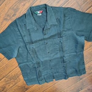 Vintage 90s black linen guayebera button down shirt Size 2x-3x